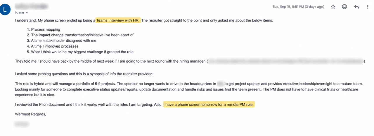 Client email after an HR interview