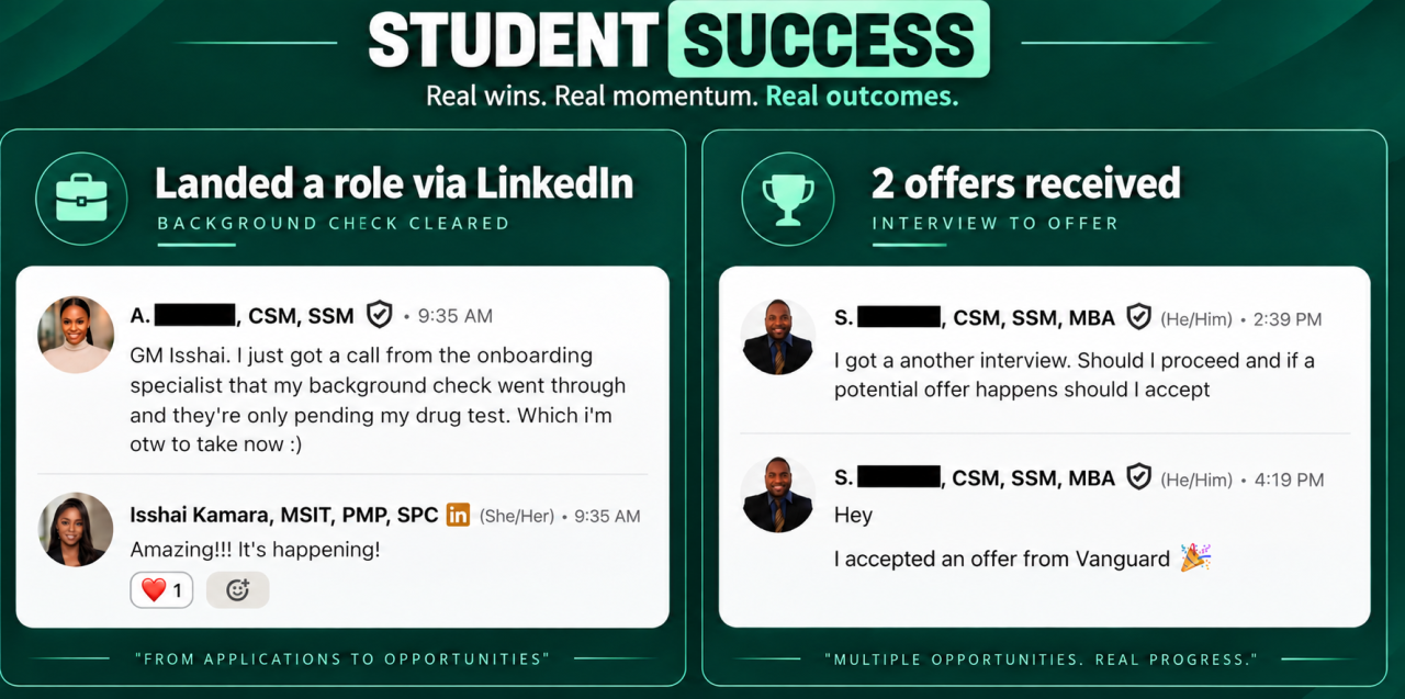 Client messages about landing a role and accepting an offer
