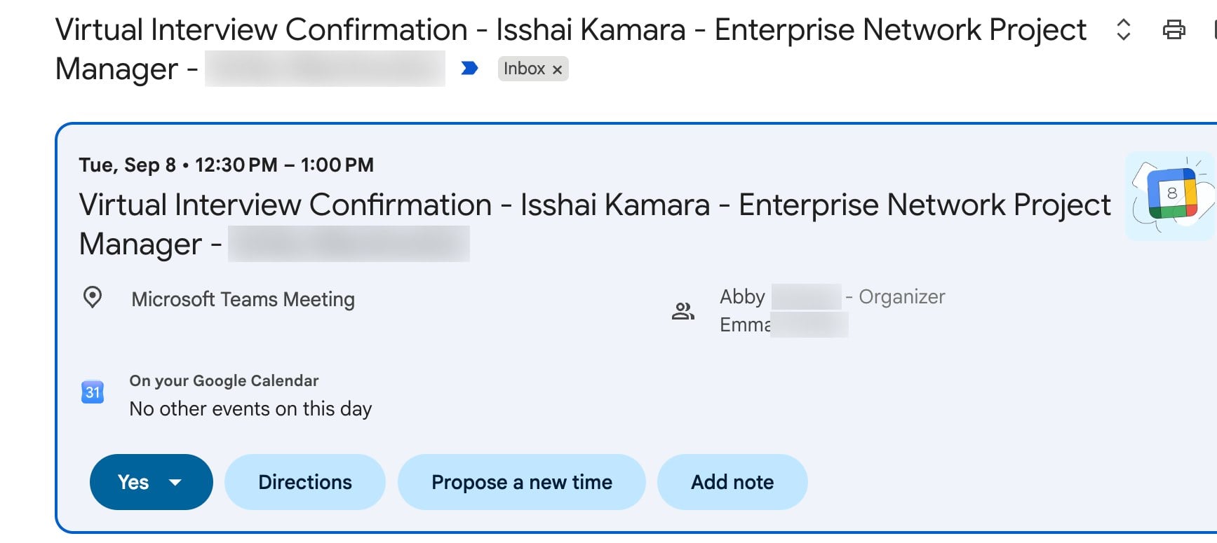 Interview confirmation organized by the same recruiter