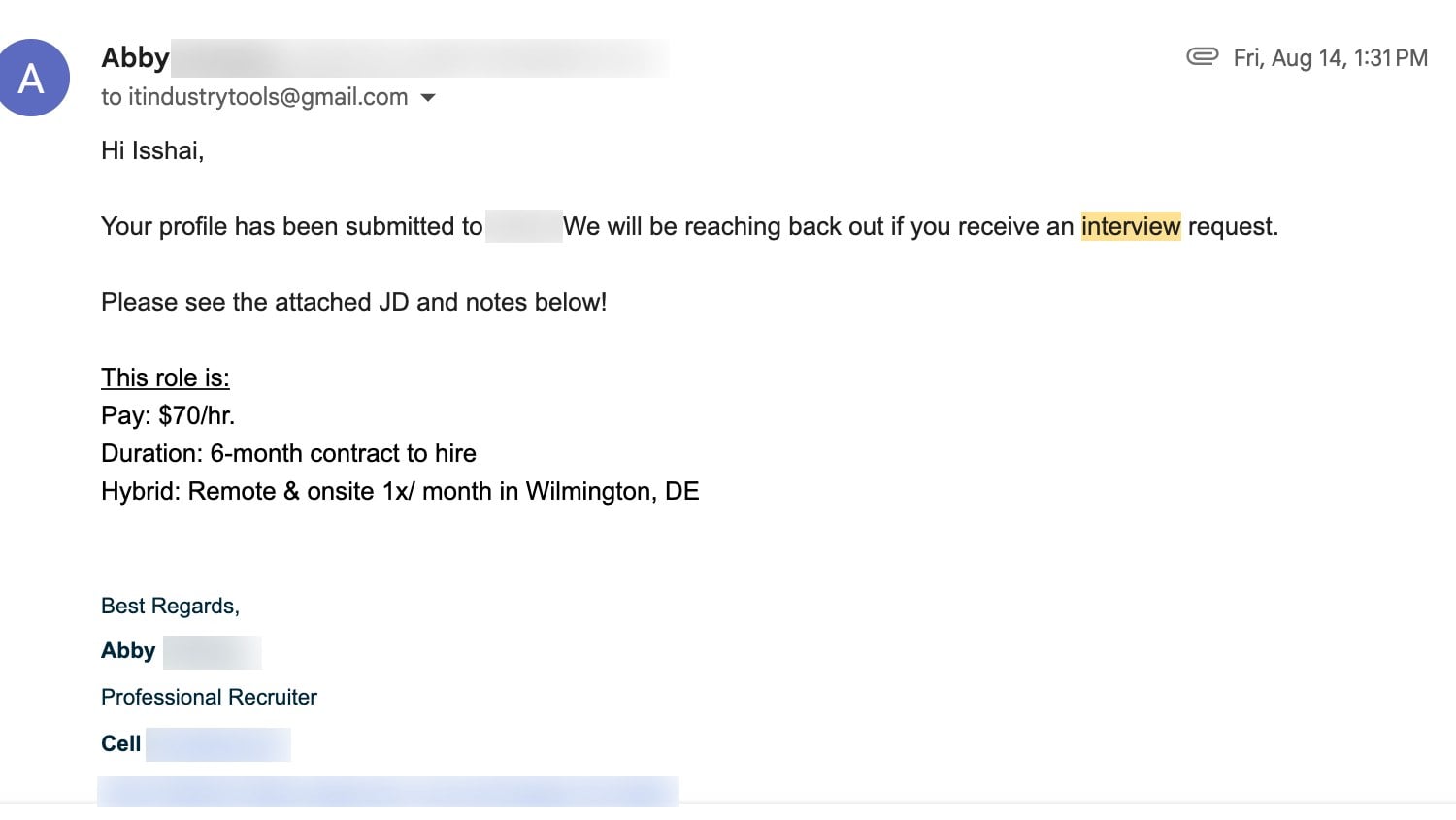 Recruiter email: profile submitted for an interview request