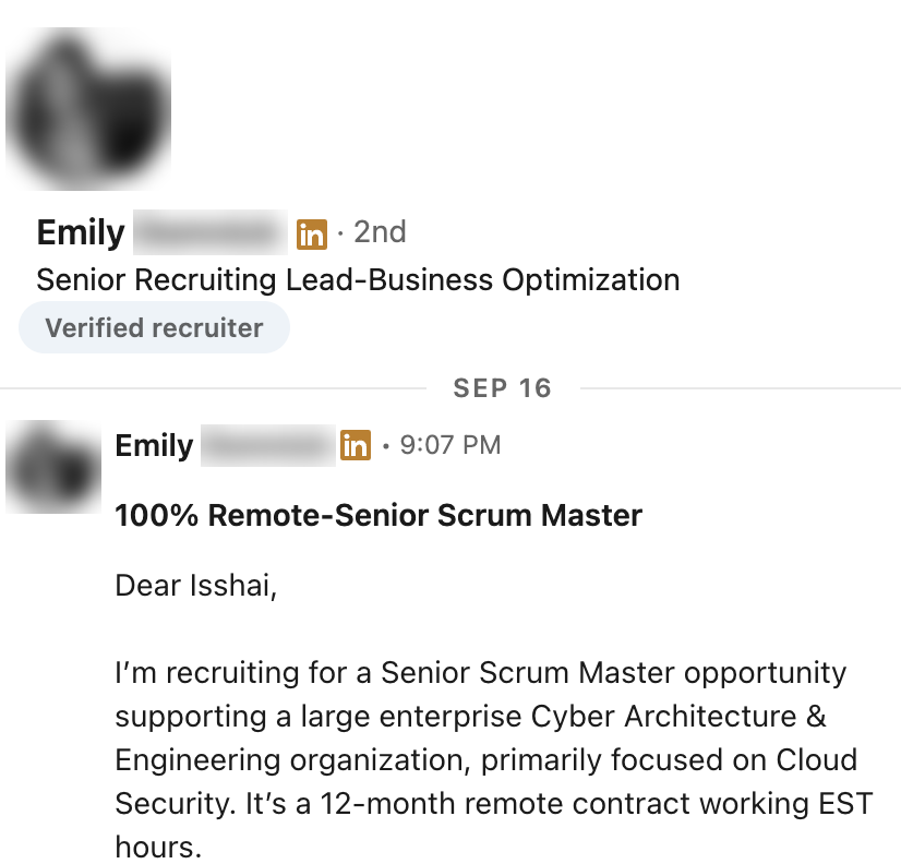 LinkedIn message from a verified recruiter about a 100% remote Senior Scrum Master contract, recruiter last name and photo blurred